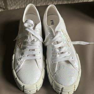 Prada white sequins double wheel platform